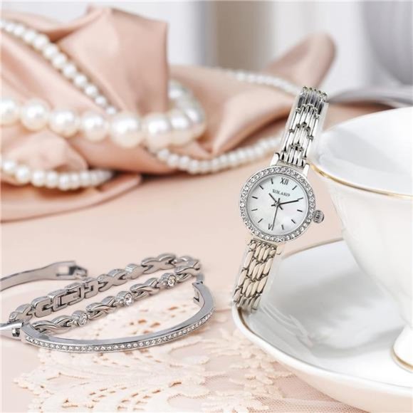Elegant Watch and Bracelet Set for Women Rhinestone Wrist Watch, Silver 2